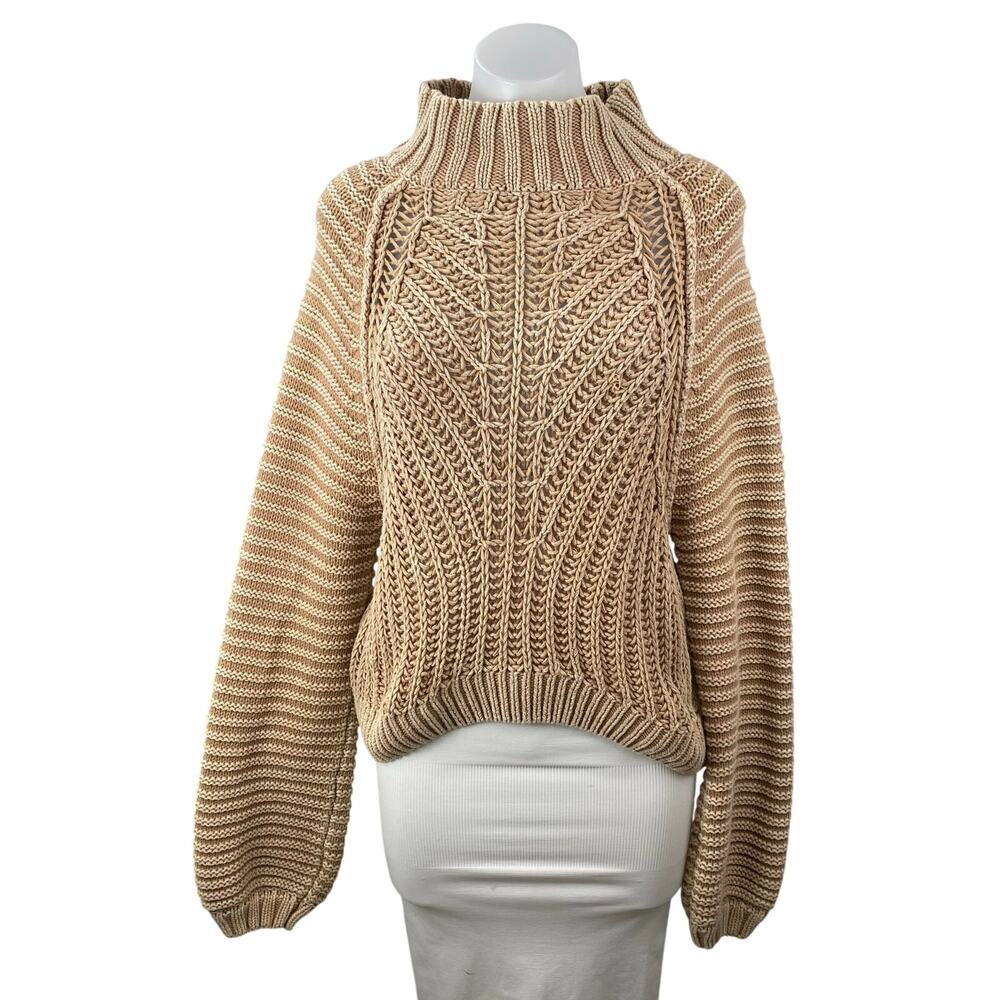 Free People Sweetheart Beige Chunky Knit Mock Neck Balloon Sleeve Sweater Top S